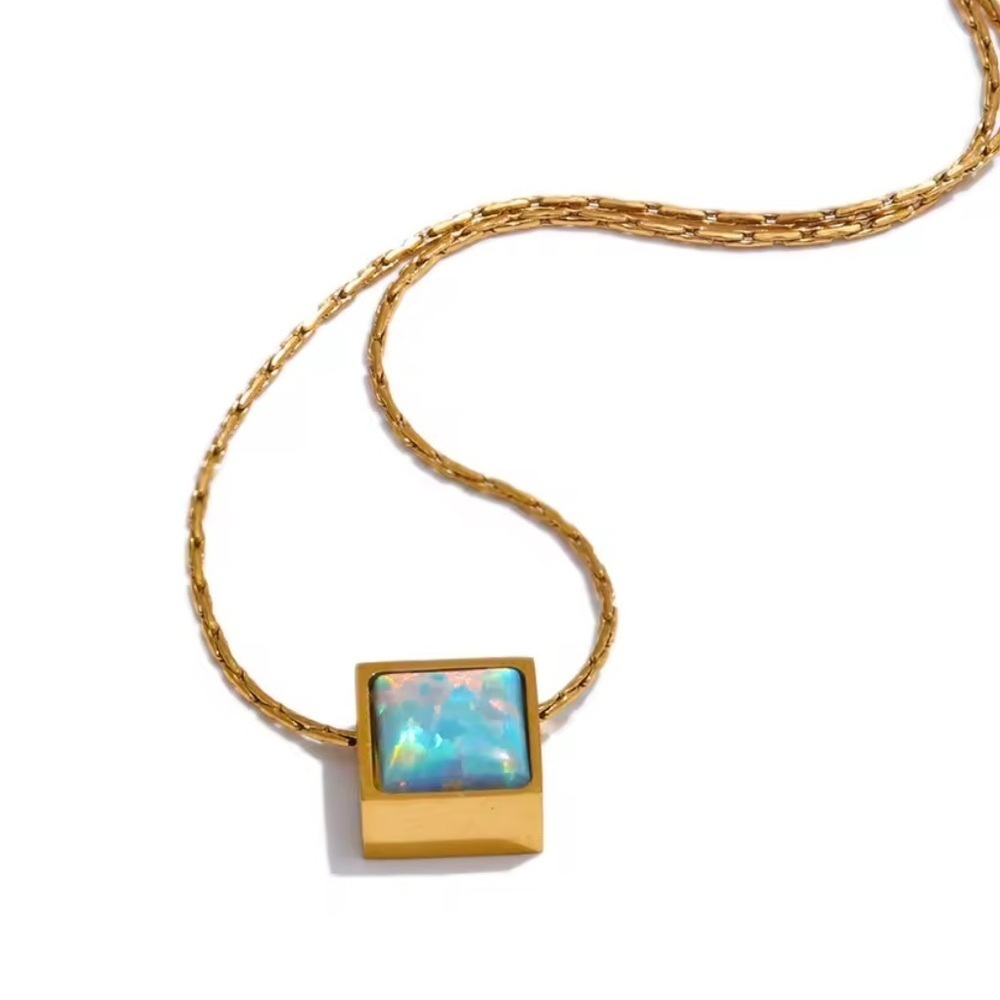18K Gold White Green Fire Opal Square Natural Gemstone Minimalist Necklace
